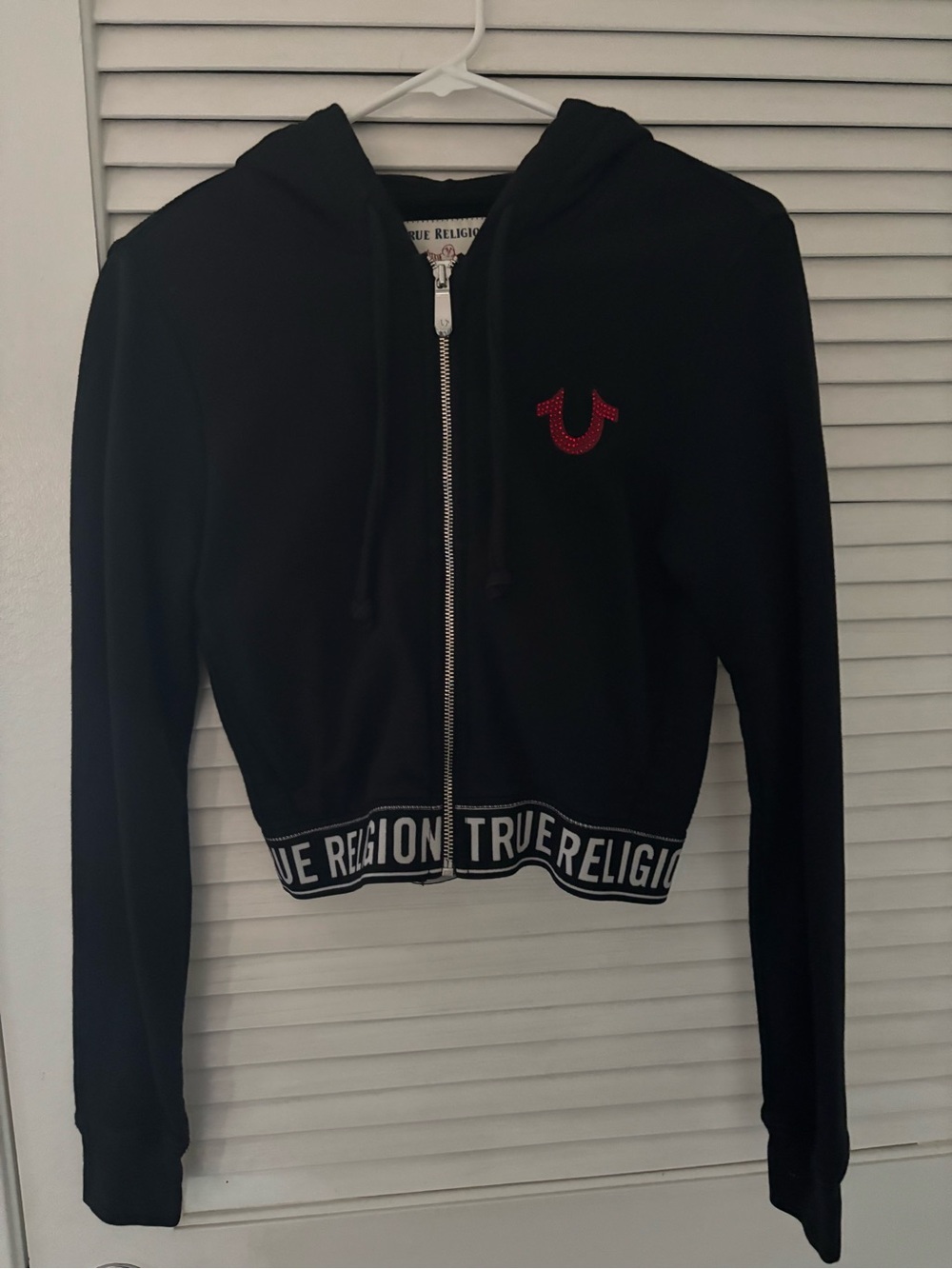 True Religion Black Cropped Zip Hoodie with Red Logo